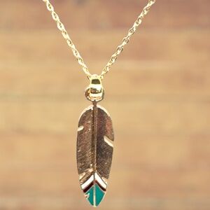 Southwest Enamel and Gold Feather Pendant Hypoallergenic Necklace #231